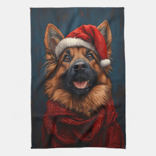 Duitse herder in een kerstmuts theedoek
