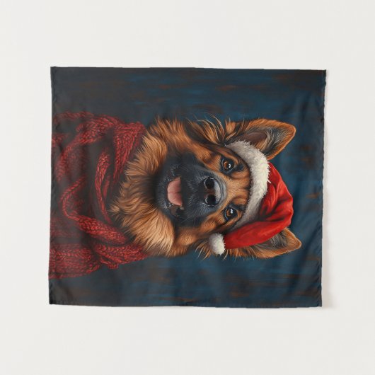 Duitse herder in een kerstmuts wandkleed (Voorkant (horizontaal))