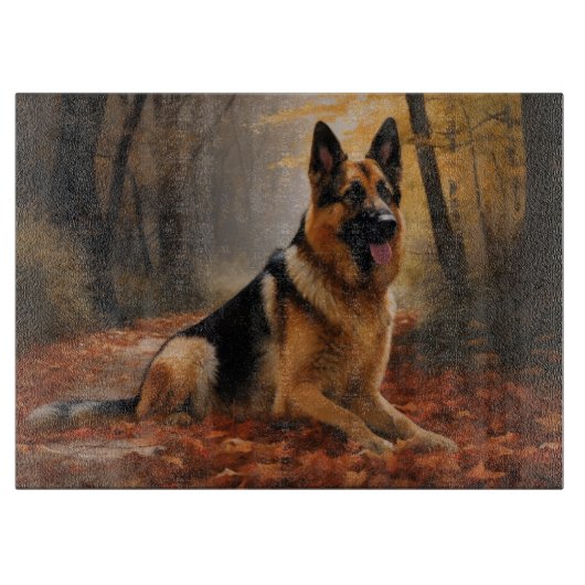Duitse Herder in Herfst Bladeren Vallen Inspireren Snijplank (Voorkant)