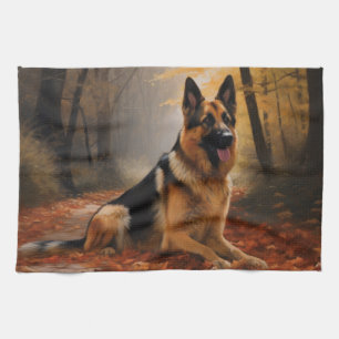 Duitse Herder in Herfst Bladeren Vallen Inspireren Theedoek
