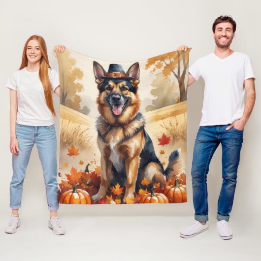 Duitse Herder in Herfstbladeren Thanksgiving Kunst Fleece Deken (In situ)