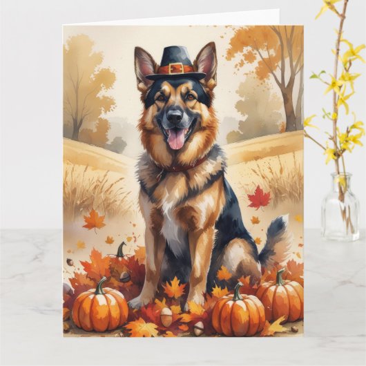 Duitse Herder in herfstbladeren Thanksgiving Kunst Kaart (Gele Bloem)