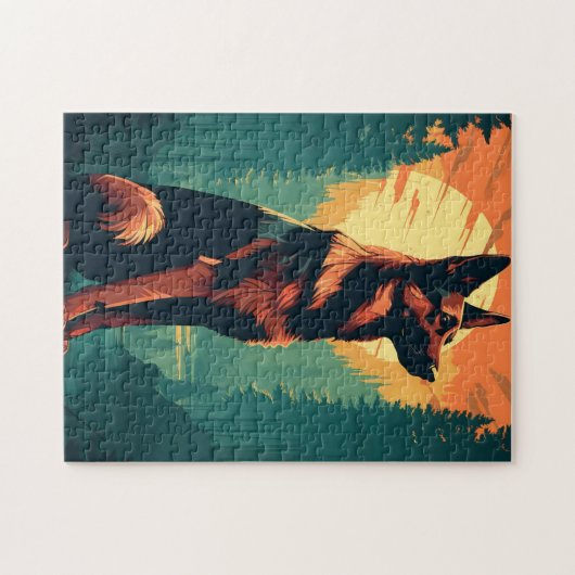 Duitse Herder in het bos tijdens zonsondergang Legpuzzel (Horizontaal)