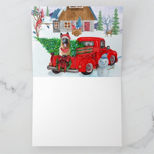 Duitse herder in kerstbezorgingswagen sneeuw kaart (Binnen)