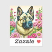Duitse Herder in Roze Bloemen Ai Art Sticker (Vel)
