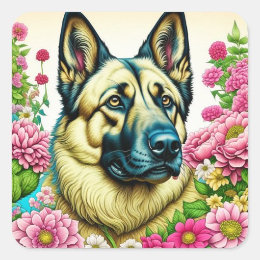 Duitse Herder in Roze Bloemen Ai Art Vierkante Sticker (Voorkant)