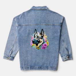 Duitse herder in roze en gele bloemen denim jacket