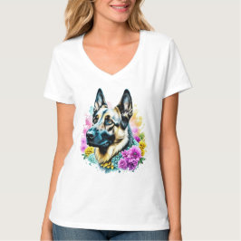 Duitse herder in roze en gele bloemen t-shirt