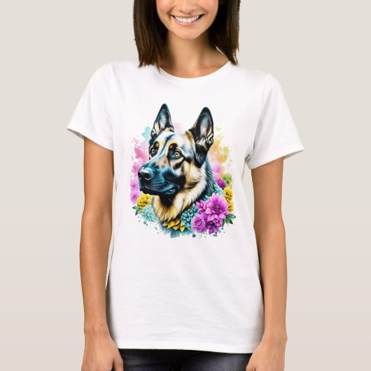 Duitse herder in roze en gele bloemen t-shirt (Voorkant)