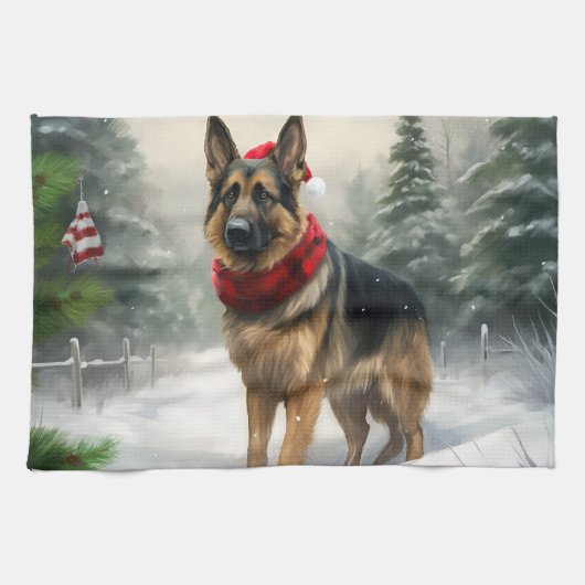 Duitse Herder in Sneeuw Kerstmis Theedoek (Horizontaal)