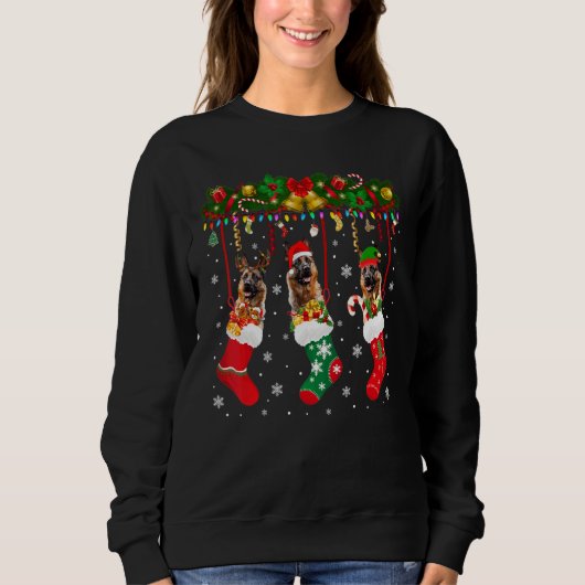 Duitse herder in Sock Xmas renindeer Santa Elf doe Trui (Voorkant)
