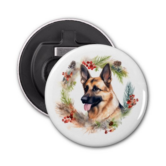 Duitse Herder Kerstkrans Feestelijke Pup Button Flesopener (Voorkant)