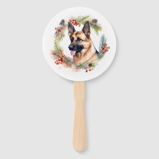 Duitse Herder Kerstkrans Feestelijke Pup Handwaaier (Voorkant)