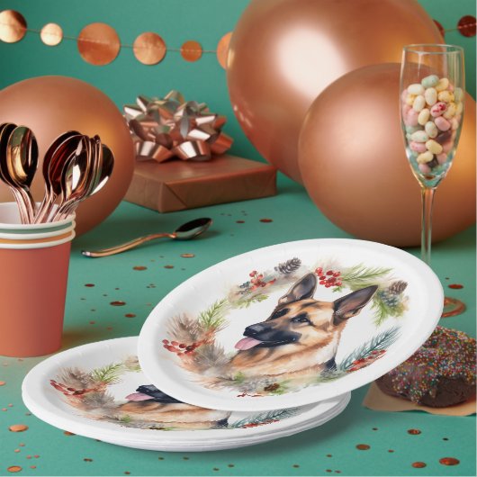 Duitse Herder Kerstkrans Feestelijke Pup Papieren Bordje (Multi)