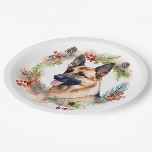 Duitse Herder Kerstkrans Feestelijke Pup Papieren Bordje (Gekanteld)