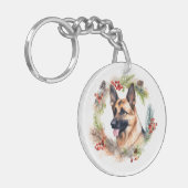 Duitse Herder Kerstkrans Feestelijke Pup Sleutelhanger (Voorkant Links)
