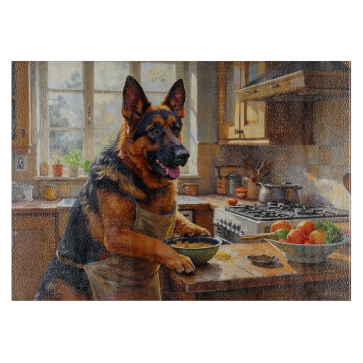 Duitse Herder Kookt in Keuken Snijplank (Voorkant)