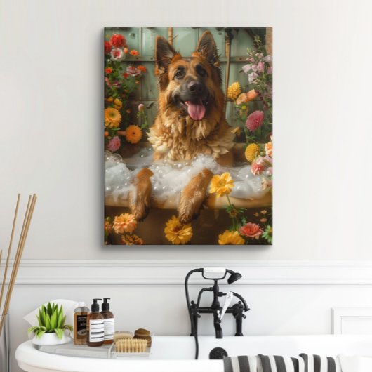 Duitse herder kunst, Duitse herder in badkuip Poster