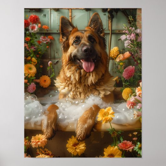 Duitse herder kunst, Duitse herder in badkuip Poster (Voorkant)