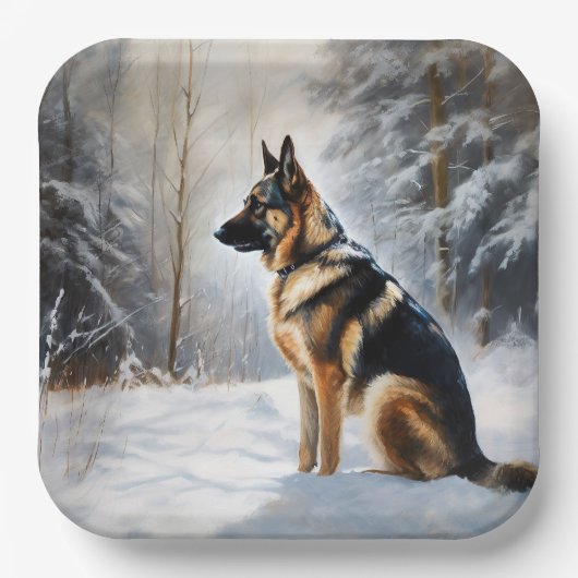 duitse herder laat het sneeuwen kerst papieren bordje (Voorkant)