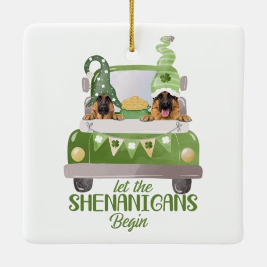 Duitse herder laat shenanigans beginnen keramisch ornament (Achterkant)