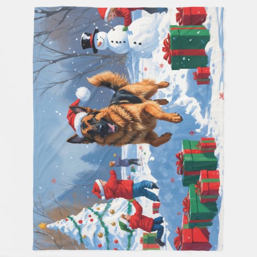 Duitse herder loopt in de sneeuw met kerst Pet Fleece Deken (Voorkant)