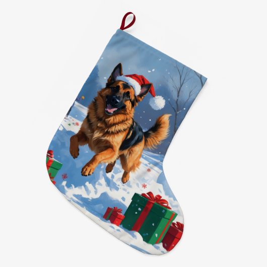 Duitse herder loopt in de sneeuw met kerst Pet Grote Kerstsok (Voorkant (Hangend))