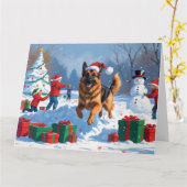 Duitse herder loopt in de sneeuw met kerst Pet Kaart (Gele Bloem)