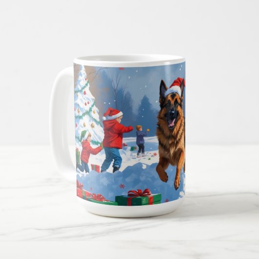Duitse herder loopt in de sneeuw met kerst Pet Koffiemok (Voorkant links)