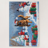 Duitse herder loopt in de sneeuw met kerst Pet Legpuzzel (Verticaal)