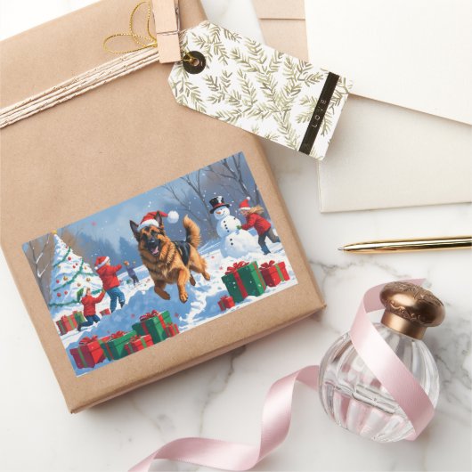 Duitse herder loopt in de sneeuw met kerst Pet Rechthoekige Sticker (Geschenken)