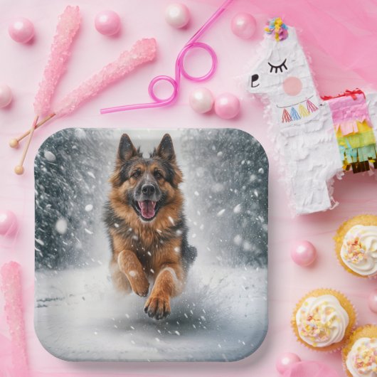 Duitse herder loopt in de sneeuw papieren bordje (Feest)