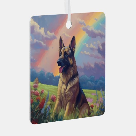 Duitse Herder Memorial Custom Hondennaam Rainbow Metalen Ornament (Voorkant Rechts)