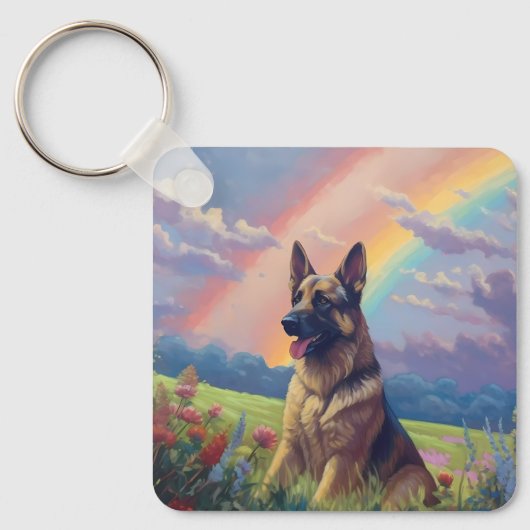 Duitse Herder Memorial Custom Hondennaam Rainbow Sleutelhanger (Voorkant)