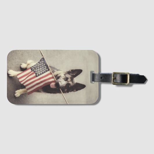 Duitse herder met Amerikaanse vlag Bagagelabel (Voorkant (horizontaal))