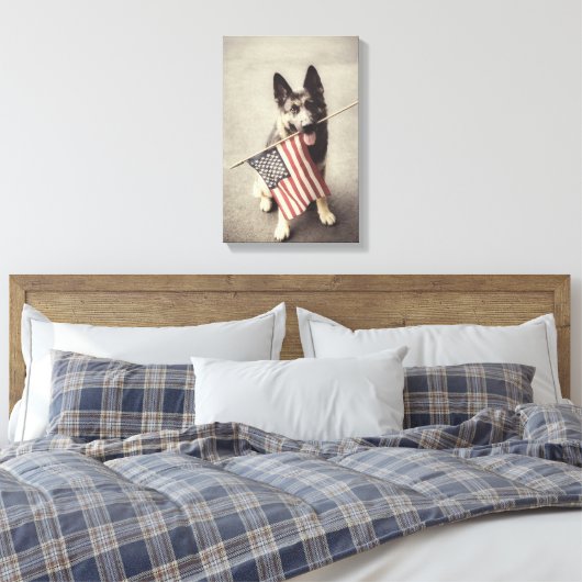 Duitse herder met Amerikaanse vlag Canvas Afdruk (Insitu (Slaapkamer))