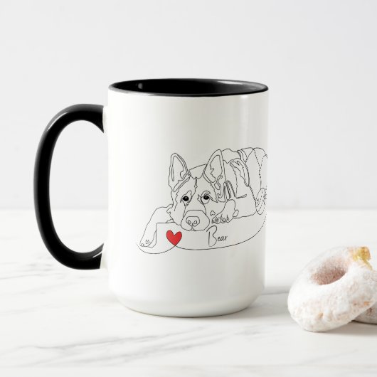 Duitse Herder met Bal Lijn Kunst met Naam Mok (Met donut)