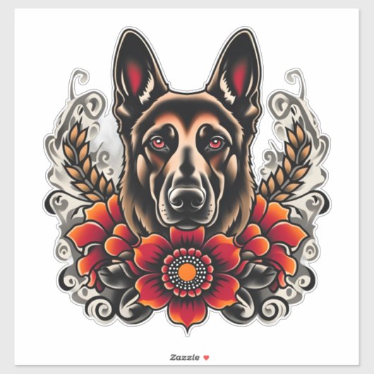 Duitse herder met bloemen sticker (Vel)