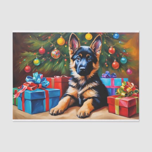 Duitse Herder met Kerstboom en Cadeaus Tissuepapier (Voorkant)