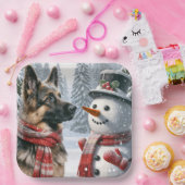 Duitse herder met kerstsneeuwpop papieren bordje (Feest)