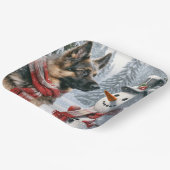 Duitse herder met kerstsneeuwpop papieren bordje (Gebogen)