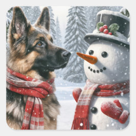 Duitse herder met kerstsneeuwpop vierkante sticker