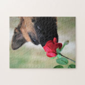 Duitse herder met rode roos legpuzzel (Horizontaal)