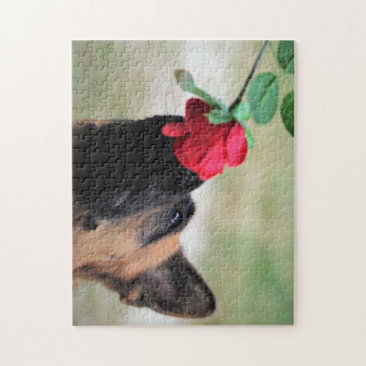 Duitse herder met rode roos legpuzzel (Verticaal)