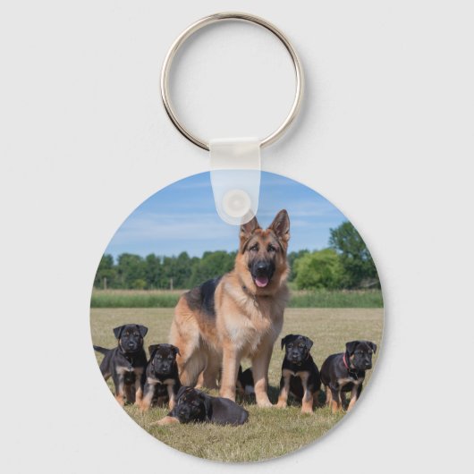  Duitse herder met Schattige Puppies Sleutelhanger (Voorkant)