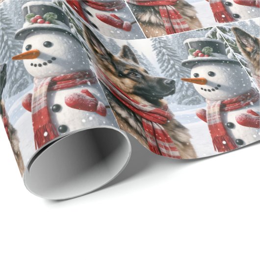 Duitse herder met sneeuwpop cadeaupapier (Rol Hoek)