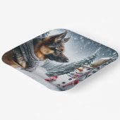 Duitse herder met vakantiesneeuwman papieren bordje (Gebogen)