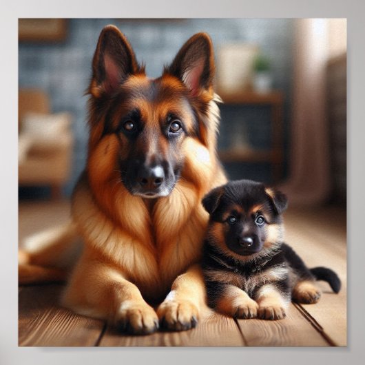 Duitse Herder moeder en haar puppy Poster (Voorkant)