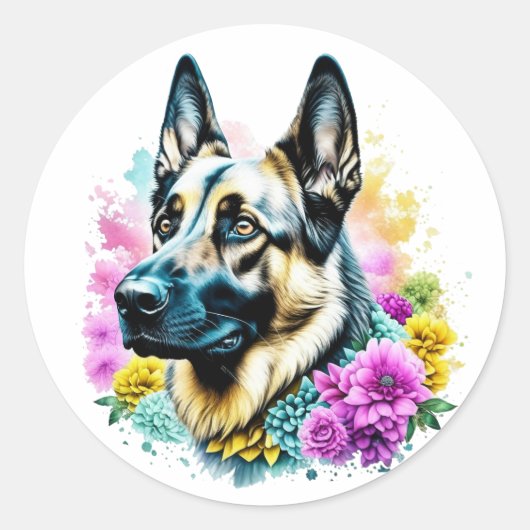 Duitse herder omringd door bloemen ronde sticker (Voorkant)
