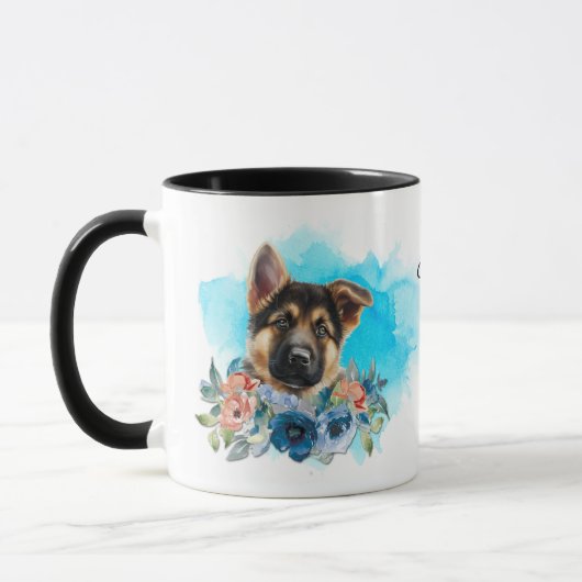 Duitse Herder Puppy Blauwe Bloemen Mok (Links)